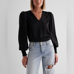 Express V-Neck Long Sleeve Smocked Cuff Top